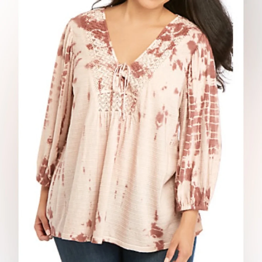 Vintage America Plus Size Tie Dye Neck 3/4 Sleeve Lace Up Blouse 1x - Picture 1 of 13